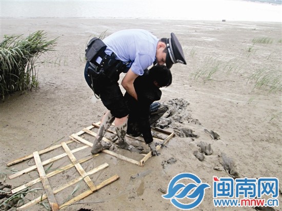 民警將木板鋪在泥潭上，慢慢靠近蘇某后將他拉出