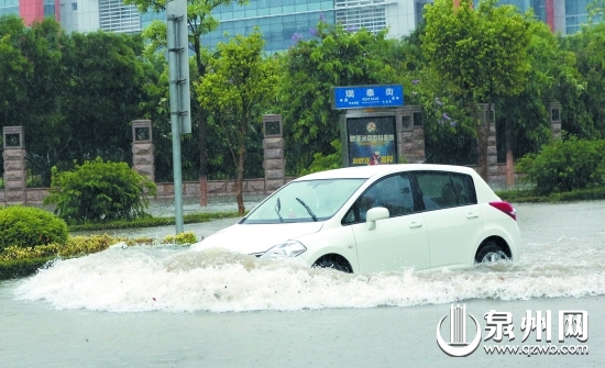 積水很深，車輛涉水行駛。